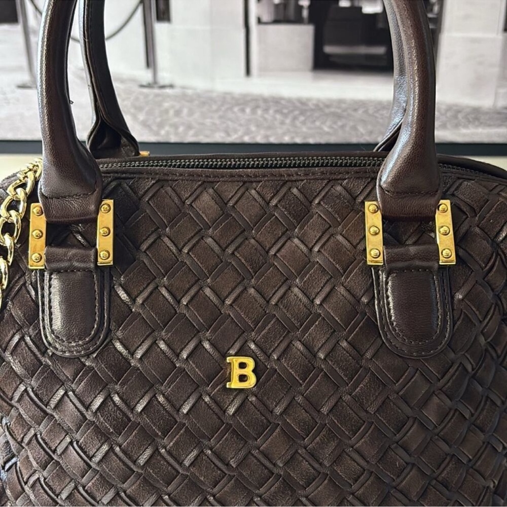 BALLY Elegant Brown Woven Suede & Leather Satchel w/Gold HDW, Chain & Tassel EUC - Picture 9 of 12
